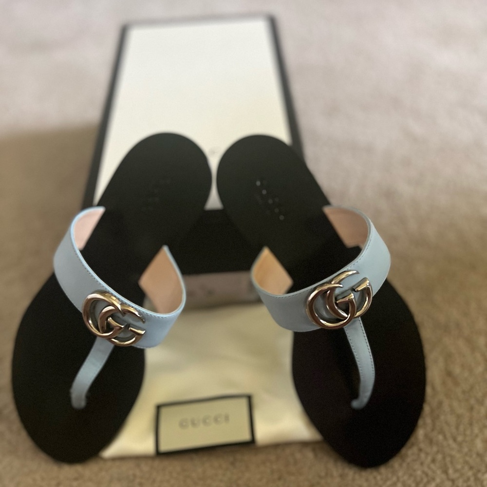 Authentic Gucci Double G leather sandals porcelain lt blue size 36. Worn once - Picture 3 of 4
